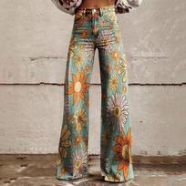 Wide Leg Flare Jeans For Women With Pockets Baggy Pants Vintage Floral Print High Waisted Loose Pant L chaki