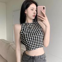 Summer Retro Plaid & Zebra Print Spicy Girl Cropped Vest Top Small gray