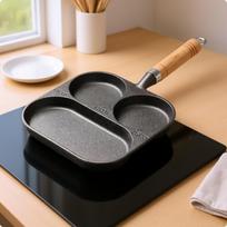 3 Compartment Cast Iron Pan Uncoated Breakfast Frying Flat Bottom Cookware gray