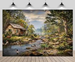 Kaimiškas miško kraštovaizdžio gobelenas Sienos pakabinamas Kotedžo scena Meno spaudinys Miškinis upės Kotedžo dekoro elementas namams Svetainei Miegamajam 100X70CM gray
