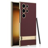 For Samsung Galaxy S24 S23 Ultra 5G Case GKK Triumph Ulta-thin Electroplated Plain Leather Kickstand Cover for Galaxy S23 Ultra brown