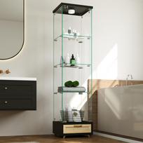 Modern Glass Display Cabinet with Drawers, with LED Lighting, Single-Door with Four Shelves, for Living Room and Bedroom, Black - H167/W42.5/D36.5 cm 42.5 x 36.5 x 167 cm juoda
