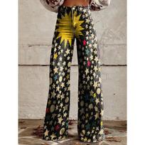 Women's Mid Rise Floral Print Flare Jeans Wide Leg Regular Fit Vintage Non Stretch Denim Trousers S
