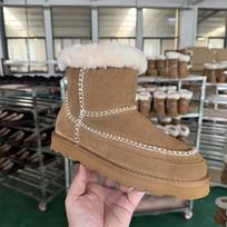 Winter new medium tube snow boots women's thick-soled woven hook-up cowhide wool thickened velvet thermal shoes 35 kaštoninė