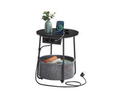 Šoninis staliukas su įmontuotais elektros lizdais ir USB prievadais NOIRA 45 cm pilkos/juodos spalvos