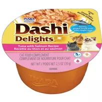 Šlapias kačių ėdalas INABA Dashi Delights Tunas su lašiša, 70 g, papildomas ėdalas, 90% drėgmės, be glitimo ir sojos