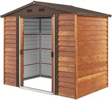 Outsunny metalinis sodo namelis, medžio imitacija, 3 m², 152 x 235,7 x 208,7 cm, įrankių pašiūrė su dvišlaičiu stogu, langu ir dvigubomis stumdomomis durimis, atsparus oro sąlygoms, lauko sandėliukas kiemui, rudas
