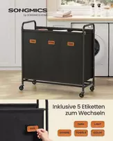 Songmics Skalbinių dėžė su ratukais ir 3 skyriais, 170 L, juoda