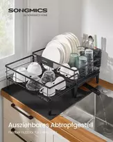SONGMICS indų džiovinimo stovas su silikonine kilimėle ir nutekamuoju kanalu, tamsiai juodos spalvos