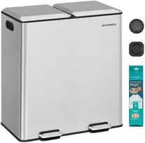 Songmics Nerūdijančio plieno šiukšliadėžė su dviem skyriais ir Softclose pedalu, 58,5x37x64 cm