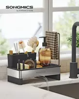 SONGMICS virtuvės kriauklės laikiklis „Tidy“, kriauklės organizatorius su kempinės laikikliu, indų plovimo reikmenų laikiklis šepetėliams, šluostėms, muilui, nerūdijančio plieno, taupantis vietą, pasukamas snapelis, juodos ir sidabrinės spalvos