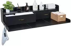 VEVOR Skalbyklės ir džiovyklės stalviršis su lentyna, 137 x 69.9 cm medinis antstatas su 2 stalčiais ir kabliukais, skalbimo mašinos viršus skalbyklos organizavimui, juodas