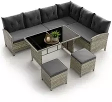 Lauko baldų komplektas Juskys Sodo poilsio komplektas Manacor sofa/staliukas/2 taburetės Sofa 228x178x80 cm juoda/tamsiai pilka