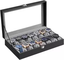 Songmics Papuošalų dėžutė su stikliniu dangteliu ir 14 skyrelių, juoda, 34,8 × 20 × 7,5 cm