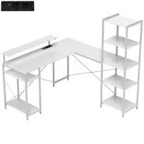 HOMCOM rašomasis stalas, L formos žaidimų stalas su lentyna, kompiuterio stalas su monitoriaus stovu, lizdu, USB įkrovimo prievadu kampinis stalas namų biurui, miegamajam, 137 x 140 x 139,5 cm baltas