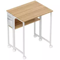HOMCOM Sulankstomas Stalas Mažas 63 cm Sulankstomas Stalas su Ratukais, Taupantis Vietą, Kompiuterio Stalas su Lentyna, Laikymo Krepšiu, Namų Biurui, Natūralios Spalvos