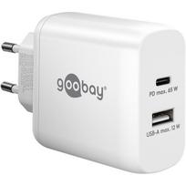 goobay USB-C dual fast charger, PD, GaN, 65 watts (white, 1x USB-C, 1x USB-A, Power Delivery)