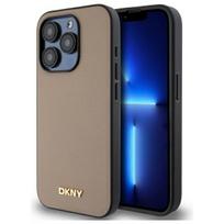 DKNY Grained Metal Logo MagSafe dėklas telefonui iPhone 15 Pro, smėlio spalvos