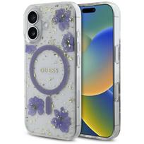 Guess Resin Flowers Glitter MagSafe dėklas telefonui iPhone 16, violetinis
