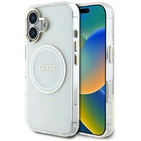 Guess IML Metal Colored Circle MagSafe dėklas iPhone 16 telefonui, baltas