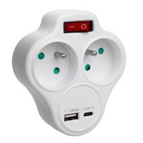 Maclean šakotuvas su 2 lizdais, jungikliu ir USB A/C 2.4A, baltas