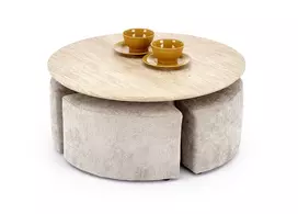 NUGAT coffee table with pouffes, table: travertine, pouffe: l.grey