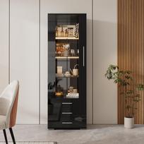 Juodas blizgus vitrininis spintelė, stiklinė vitrina, pastatoma vitrina su LED apšvietimu, vertikali su 3 stalčiais, 60*35*180cm 60 x 35 x 180 cm juoda