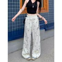 Women's Summer 2026 Sweet & Spicy Lace Trim Bow Knot Wide-Leg Pants with Elastic Waist M