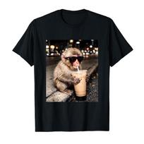 Cute Baby Japanese Macaque Drinking Iced Coffee Monkey Meme T-shirt For Men Women 100% Cotton T Shirts Short Sleeve Tops 0311... S įvairiaspalvis
