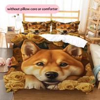 Shiba Inu and Rose Pattern Bedding Home Decoration Birthday Gift (1 * duvet cover + 2 * pillowcase, without core) 135x200cm orange