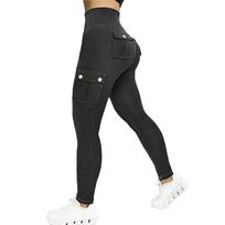 Aukšto juosmens, sėdmenis pakeliančios treniruočių tamprės moterims, slim fit, cargo stiliaus, tamprios sportinės kelnės su kišenėmis fitneso treniruotėms L black