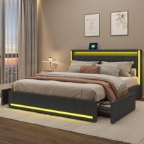 Dvigulė lova, 160 x 200 cm, apmušta lova su LED apšvietimu, USB jungtimi ir 4 stalčiais paaugliams ir suaugusiems, pilkos lininės spalvos, čiužinys neįskaičiuotas