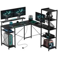 L formos rašomasis stalas su 6 lentynomis, monitoriaus stovu, USB ir lizdu, 137×140×139.5 cm, juodas