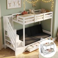 Children's Bunk Bed, With Stair Cabinet and 2 Drawers, without Mattress, The Lower Level Used as Bed or Sofa and Includes Cushions, White, 90*200 257.5 x 95 x 165 cm balta