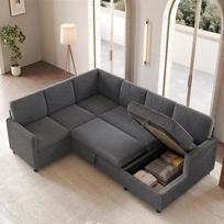 Moderni U formos kampinė miegamoji sofa su miego funkcija, ištraukiama sofa-lova, stambaus veliūro audinys, su daiktadėže, pilka, 220×274×85 cm 274 x 220 x 85 cm pilka