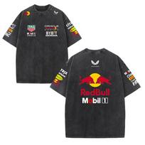 Vasaros F1 lenktynininko kostiumas Red Bull Vestapan komandos uniforma trumpomis rankovėmis vintažinio plovimo marškinėliai apvaliu kaklu marškinėliai S black