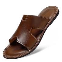 Men's Genuine Leather Cross Strap Slip-on Slippers, Size 46-47, Non-slip Outdoor Beach Flip Flops 43 black