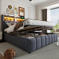Polsterbett 180x200 cm su LED, USB, su galvūgaliu ir stalčiais, su hidraulika, suaugusiųjų lova, pilka