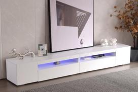 TV spintelė balta, LED apšvietimas, 240 cm, 2 dėžės