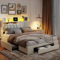 Sandėliuojama Lova 140x190 cm Su LED, 3 Dėžės Ir Atvira Lentyna, Dvigulė, Lentų Rėmas, Smėlinė Flanelė
