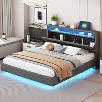Polsterio lova 160x200 cm su USB lizdu ir LED apšvietimu, apverčiamu galvūgaliu, audinys pilkas