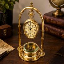 Brass Hanging Pocket Watch Clock with Compass, Nautical Desk Clock, Maritime Table Decor, Antique Style Brass brown