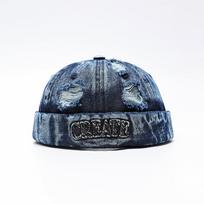 Bocca Retro Denim Splicing Docker Cap Adjustable Vintage Brimless Leopard Beanie Street Cool Brimless Hat gray