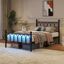120x200cm Metalinis lovos rėmas su galvūgaliu ir kojūgaliu, USB įkrovimas, LED, Plieninės grotelės, Vietos daiktams po lova, Dėžės pagrindo nereikia, Juodas 206.5 x 121 x 102.5 cm juoda
