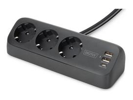 Ilgintuvas DIGITUS DA-70625 3 lizdų su USB-A ir USB-C jungtimis Juodas