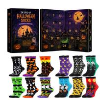 24 Days Halloween Socks Advent Calendar Box with 24 Pairs Crew Socks 3D Gift Box with Various Patterns for Holiday Countdown One Size brown