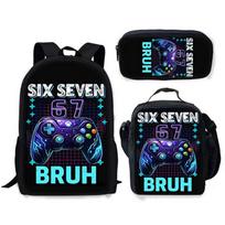 New Trend 67 Six Seven Printed Backpack Lunch Bag Pencil Case Set for Kids, Durable Water-Resistant Stylish School Gift, Gray