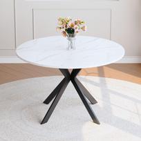 Modernus apvalus valgomojo stalas su baltu marmuro išvaizda, pagamintas iš MDF – juodas X formos rėmas, valgomojo stalas virtuvei ir svetainei, 110 cm skersmens 110 x 110 x 76 cm
