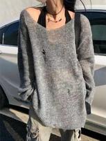 Vintažinis pilkas megztas megztinis moterims Harajuku Retro Oversize Džemperis Tuščiaviduris Laisvas Puloverio Viršus Hip Hop Korėjietiškas Goth M pilka spalva