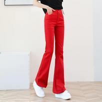 2024 Summer Women's Red High-Waist Slim Fit Micro-Flare Denim Pants 31